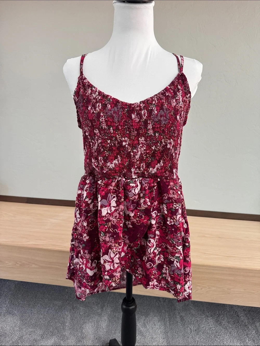 Maurices Floral Smocked Camisole in Burgundy and Pink - NWOT - Picture 1 of 8